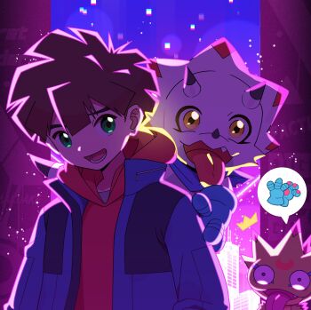 Rule 34 | 1boy, amanokawa hiro, blolo, blue jacket, brown hair, digimon, digimon (creature), digimon beatbreak, digimon ghost game, gammamon, gekkomon, green eyes, highres, hood, hoodie, horns, image in speech bubble, jacket, looking at viewer, night, open clothes, open jacket, open mouth, outdoors, red hoodie, short hair, speech bubble, tongue, tongue out