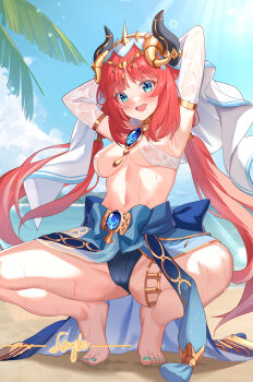 1girl absurdres aqua_eyes armpits arms_up barefoot blush breasts brooch cameltoe circlet commentary crop_top dancer fake_horns feet genshin_impact gher5 gold_trim harem_outfit highres horns jewelry long_hair long_sleeves looking_at_viewer medium_breasts mixed-language_commentary navel neck_ring nilou_(genshin_impact) nipples puffy_long_sleeves puffy_sleeves red_hair see-through_clothes smile solo spread_legs squatting stomach sweat thighlet thighs toes twintails veil wet wet_clothes white_headdress white_veil