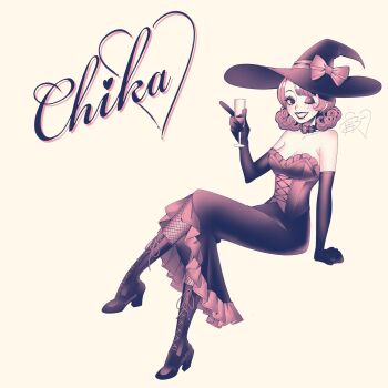 1girl black_boots black_choker black_dress black_gloves black_hat black_lips boots bow breasts character_name chika_(vocaloid) choker cleavage collarbone corset cup dress elbow_gloves eyeshadow fishnets frilled_choker frilled_dress frills full_body gloves hat highres holding holding_cup makeup medium_breasts mole mole_under_eye mole_under_mouth one_eye_closed pink_bow pink_corset pink_eyeshadow pink_hair pink_ribbon pink_trim ribbon signature simple_background sitting smile solo teeth treebarkagain vocaloid wavy_hair white_background witch_hat