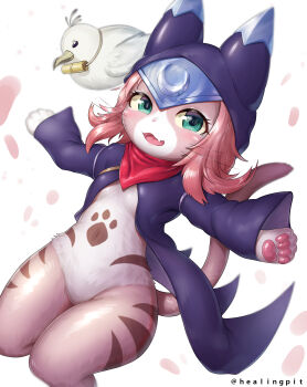 1girl :3 absurdres animal_ears animal_hands animal_nose bird bottomless breasts cat_ears cat_girl cat_tail cloak colored_sclera commentary_request felyne furry furry_female healingpit highres hood hood_up monster_hunter_(series) monster_hunter_stories_2:_wings_of_ruin navel neckerchief open_mouth pawpads pear-shaped_figure petite purple_cloak red_neckerchief small_breasts smile solo tail tsukino_(monster_hunter) variant_set whiskers white_background yellow_sclera