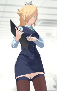 1girl absurdres aqua_eyes aqua_nails black_thighhighs blue_shirt blue_skirt blue_vest breasts clipboard crown earrings from_below hair_over_one_eye hands_up highres holding holding_clipboard holding_pen indoors jewelry long_hair long_sleeves mario_(series) medium_breasts nintendo office_lady pen pencil_skirt pomelomelon rosalina shirt skirt smile solo standing super_mario_galaxy thighhighs thighs vest
