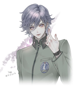 Rule 34 | 1boy, arm at side, commentary request, cropped torso, ear piercing, fingernails, green jacket, hair between eyes, hand up, jacket, long sleeves, looking at viewer, male focus, parted lips, persona, persona 1, piercing, purple eyes, purple hair, ryokuyuu, school uniform, short hair, signature, solo, st. hermelin school uniform, toudou naoya, twitter username, watch, white background, wing collar, wristwatch