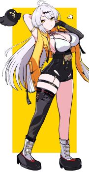 1girl ahoge arm_behind_head armlet bird black_shoes black_shorts black_thighhighs border breasts cleavage closed_mouth full_body hair_ornament hairclip highres jacket jewelry long_hair looking_at_viewer outside_border shirt shoes short_shorts shorts single_hair_intake single_thighhigh skindentation solo standing thighhighs very_long_hair white_border white_hair white_shirt yellow_background yellow_eyes yellow_jacket yixuan_(zenless_zone_zero) yuntaro_(ramen_star) zenless_zone_zero