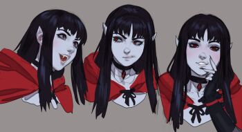 1girl annoyed black_choker black_gloves black_hair black_nails capelet choker clenched_teeth colored_skin commentary english_commentary fangs fingerless_gloves fingernails gloves grey_background grey_skin hand_on_own_cheek hand_on_own_face highres hood hood_down hooded_capelet long_fingernails long_hair looking_at_viewer marie_(tarakanovich) multiple_expressions multiple_views open_mouth original pointy_ears red_capelet red_eyes simple_background smile tarakanovich teeth vampire