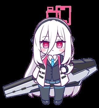 +++ 1girl :> absurdres aila_zuiaini animated animated_gif black_bow black_hairband black_jacket black_shoes black_skirt black_thighhighs blazer blinking blue_archive blush_stickers bow bright_pupils buttons chibi chibi_only chinese_commentary closed_mouth collared_shirt colored_skin commentary_request double-parted_bangs full_body hair_between_eyes hair_bow hairband halo hand_on_own_hip highres holding_strap jacket kei_(blue_archive) long_bangs long_hair long_hair_between_eyes long_sleeves looking_at_viewer looping_animation miniskirt multicolored_jacket open_clothes open_jacket parted_lips pink_halo pink_jacket pleated_skirt puff_of_air puffy_long_sleeves puffy_sleeves rectangular_halo red_eyes shirt shoes sidelocks skirt smile solo standing thighhighs transparent_background v-shaped_eyebrows very_long_hair weapon white_hair white_jacket white_shirt white_skin