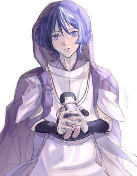 Rule 34 | 1boy, ak4mtsucr, arm armor, belt, black bow, blue eyes, blue hair, bow, closed mouth, commentary, detached sleeves, doll, english commentary, fingernails, genshin impact, grey hair, hair between eyes, hands up, highres, holding, holding doll, long fingernails, looking at viewer, mandarin collar, pom pom (clothes), purple belt, purple bow, purple shirt, purple vest, red bow, scaramouche (genshin impact), scaramouche (kabukimono) (genshin impact), shirt, short hair, short sleeves, simple background, solo, standing, veil, vest, white background