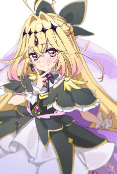 Rule 34 | 1girl, antenna hair, black bow, black bowtie, black dress, blonde hair, blush, bow, bowtie, cure arcana shadow, dan nako, dress, jewelry, long hair, looking at viewer, meitantei precure!, moria luluka, precure, purple eyes, solo, v, wrist cuffs