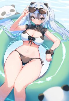 1girl adjusting_eyewear animal_ears bikini black_bikini black_shrug black_streaks breasts commentary_request eyewear_on_head feet_out_of_frame front-tie_bikini_top front-tie_top highres innertube large_breasts looking_at_viewer moti_yousei multicolored_hair navel original panda panda_ears scrunchie shrug_(clothing) side-tie_bikini_bottom smile solo streaked_hair sunglasses swim_ring swimsuit twintails white_bikini white_hair wrist_scrunchie