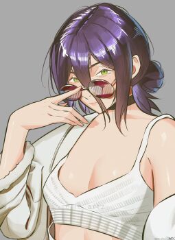 Rule 34 | 1girl, absurdres, adjusting eyewear, breasts, chainsaw man, choker, cleavage, commentary, demon girl, english commentary, eric tran, green eyes, grey background, hair bun, highres, looking at viewer, medium hair, midriff, midriff peek, mixed-language commentary, off shoulder, portrait, purple hair, reze (chainsaw man), sidelocks, simple background, single off shoulder, small breasts, solo, sports bra, sunglasses