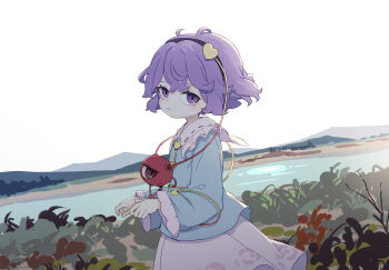 Rule 34 | 1girl, absurdres, black hairband, blue shirt, blush, collared shirt, commentary, contrast collar, cowboy shot, day, frilled shirt collar, frilled sleeves, frills, hair ornament, hairband, heart, heart hair ornament, highres, kame (kamepan44231), komeiji satori, long sleeves, looking at viewer, mountainous horizon, outdoors, pink skirt, purple eyes, purple hair, ribbon-trimmed collar, ribbon trim, shirt, short hair, skirt, sky, solo, third eye, touhou, wide sleeves