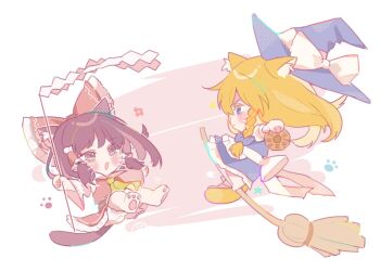 Rule 34 | 2girls, animal ear fluff, animal ears, apron, ascot, back bow, blonde hair, bow, braid, broom, broom surfing, brown eyes, brown hair, cat ears, cat girl, cat tail, chibi, chibi only, commentary request, detached sleeves, fighting, frilled bow, frilled hair tubes, frills, gohei, hair bow, hair tubes, hakurei reimu, hat, hat bow, holding, holding gohei, iwakoo, kemonomimi mode, kirisame marisa, long hair, mini-hakkero, multiple girls, open mouth, red bow, red skirt, ribbon-trimmed sleeves, ribbon trim, side braid, single braid, skirt, skirt set, tail, touhou, waist apron, whiskers, white bow, witch hat, yellow ascot, yellow eyes