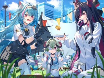 3girls animal_ear_fluff animal_ears black_gloves black_unitard blue_hair blue_sky breasts character_request colored_eyelashes colored_inner_hair commentary_request covered_navel cup day drinking drinking_glass eyepatch food gloves green_hair holding holding_cup horns iroi_(nte) large_breasts long_hair looking_at_another mint_(nte) multicolored_hair multiple_girls nao_(naoooo_a) neverness_to_everness omelet outdoors pink_eyes pink_hair single_bare_shoulder sky streaked_hair tamagoyaki thighhighs white_thighhighs