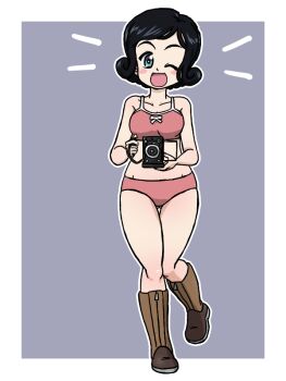 Rule 34 | 1girl, bikini, black hair, blue eyes, blush, blush stickers, breasts, camera, collarbone, commentary request, full body, girls und panzer, holding, holding camera, looking at viewer, medium breasts, one eye closed, open mouth, pink bikini, short hair, smile, solo, swimsuit, takahashi kurage, teramoto tomiko