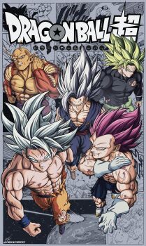 5boys absurdres antennae bald battle_damage black_bodysuit bodysuit boots colored_skin comic_background copyright_name cover cover_page derivative_work dougi dragon_ball dragon_ball_super fake_cover gloves green_eyes green_hair grey_eyes grey_hair group_picture highres legendary_super_saiyan long_hair male_focus manga_cover medium_hair multiple_boys muscular muscular_male no_eyebrows orange_pants orange_skin pants pisocarpa pointy_ears purple_eyes purple_hair purple_pants purple_shirt red_eyes red_sash sash shirt spiked_hair super_saiyan topless_male ultra_ego_(dragon_ball) ultra_instinct veins white_boots white_gloves