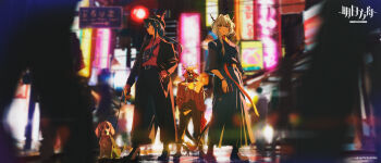 1boy 2girls adoptive_siblings arknights blue_hair ch&#039;en_(arknights) closed_mouth dragon_girl dragon_horns dragon_tail furry furry_male highres horns multiple_girls siblings sisters tail talulah_(arknights) tomato_(lsj44867) wei_yenwu_(arknights) white_hair