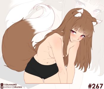 Rule 34 | 1girl, animal ear fluff, animal ears, black panties, blunt bangs, blush, breasts, brown hair, commentary, english commentary, highres, holo, likunea, long hair, looking at viewer, medium breasts, navel, panties, patreon logo, patreon username, red eyes, smile, spice and wolf, tail, thighs, topless female, twitter username, twitter x logo, underwear, wolf ears, wolf girl, wolf tail, zoom layer