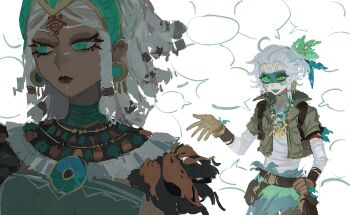 1boy 1girl absurdres ahoge bandaged_arm bandaged_torso bandages black_lips braid bridge_piercing brown_gloves bruise bruised_eye cropped_jacket dark-skinned_female dark_skin dreadlocks earrings face_piercing facial_mark gaozhouyong gloves green_eyes green_jacket hand_on_own_hip highres identity_v injury jacket jewelry looking_at_another looking_to_the_side luca_balsa luca_balsa_(viper) official_alternate_costume patricia_dorval patricia_dorval_(guide) piercing slit_pupils twin_braids white_hair