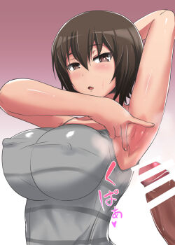 1boy 1girl arm_up armpits blush breasts brown_eyes brown_hair censored covered_erect_nipples erection female_focus girls_und_panzer hetero highres huge_breasts looking_at_viewer nishizumi_maho open_mouth spread_armpit steaming_body sweat yukimaro_yukkii