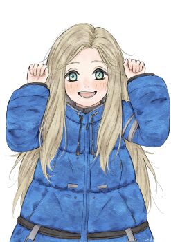 1girl :d absurdres aqua_eyes blonde_hair blue_coat blush coat commentary_request diana_(pragmata) drawstring hands_up highres kayu0315 long_hair long_sleeves looking_at_viewer open_mouth padded_coat pragmata signature simple_background smile solo teeth upper_body white_background