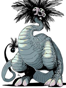 alolan_exeggutor alolan_form black_sclera claws colored_sclera commentary_request face_in_shadow gen_7_pokemon highres leaf looking_at_viewer manabu_yashiro multiple_heads nintendo palm_leaf plant_monster pokemon pokemon_(creature) pokemon_focus scales sharp_teeth tail teeth white_eyes