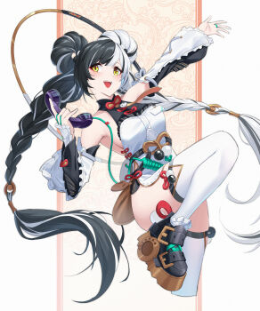 1girl absurdres bare_shoulders black_hair black_shoes braid braided_twintails chakram china_dress chinese_clothes commentary_request corded_phone detached_sleeves dialyn_(zenless_zone_zero) double_bun dress hair_bun hair_extensions highres holding holding_phone id_card kafeifeifeifeifeifei_jiemo_jun leg_up long_hair multicolored_hair necktie open_mouth outstretched_arm phone ring_hair_extensions shoes solo split-color_hair thighhighs weapon white_background white_dress white_hair white_thighhighs wire yellow_eyes yellow_necktie zenless_zone_zero