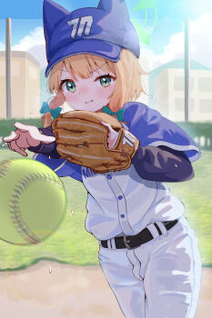 1girl absurdres animal_ears animal_hat ball baseball_base baseball_cap baseball_field baseball_glove belt belt_buckle black_belt blonde_hair blue_archive blue_hat blue_sky blue_sleeves blush bow buckle bush cat_hat closed_mouth cloud commentary_request cowboy_shot fake_animal_ears film_grain flying_sweatdrops gloves grass green_eyes hair_bow hat highres house layered_sleeves long_sleeves midori_(blue_archive) mikumiku37 millennium_science_school_logo outdoors pants playing_sports shirt short_hair short_over_long_sleeves short_sleeves sky softball softball_(object) softball_uniform solo sportswear standing throwing white_pants white_shirt wide_sleeves
