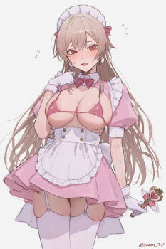 Rule 34 | 1girl, absurdres, apron, areola slip, bikini, blonde hair, blush, bow, bowtie, breasts, cleavage, flying sweatdrops, furen e lustario, gloves, hand up, highres, large breasts, maid, maid apron, maid bikini, maid headdress, micro bikini, nijisanji, pink bikini, pink bow, pink bowtie, pink skirt, puffy short sleeves, puffy sleeves, red eyes, short sleeves, skirt, solo, sooon, sweat, swimsuit, thighhighs, thighs, unconventional maid, virtual youtuber, white gloves, white thighhighs, zettai ryouiki