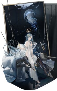 1girl absurdres azur_lane bare_shoulders blue_hair breasts cannon champagne_(adulation_eternal)_(azur_lane) champagne_(azur_lane) champagne_bottle champagne_flute cleavage closed_mouth coat collarbone copyright_notice cup dress drinking_glass earrings evening_gown flower full_body gem hair_ornament hair_spread_out halo halter_dress halterneck high_heels highres holding holding_cup jellyfish jewelry logo long_dress long_hair long_legs looking_at_viewer mechanical_arms mechanical_halo necklace nineo no_bra no_panties non-web_source official_alternate_costume official_art parted_bangs puppet_strings rigging ring ship_turret side_slit sitting sleeveless sleeveless_dress small_breasts solo standing stiletto_heels very_long_hair weapon wedding_dress wedding_ring white_dress white_footwear