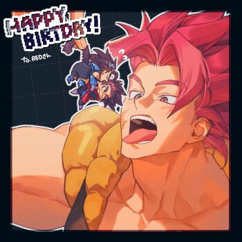 Rule 34 | 3boys, armor, black border, black eyes, black hair, black shorts, blue armor, border, brothers, chibi, dragon ball, dragon ball legends, facial scar, flying sweatdrops, giblet (dragon ball), happy birthday, highres, holding chibi, hyong311, imminent eating, male focus, metamoran vest, monkey boy, monkey tail, multiple boys, muscular, muscular male, open mouth, parted bangs, red eyes, red hair, saiyan, saiyan armor, scar, scar on cheek, scar on face, shallet (dragon ball), shallot (dragon ball), short hair, shorts, siblings, single bang, spiked hair, super saiyan, super saiyan god, sweatdrop, tail, tongue, tongue out, twins