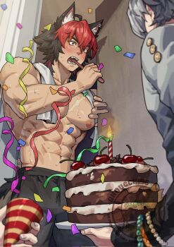Rule 34 | 1girl, 2boys, abs, adam's apple, animal ear fluff, animal ear piercing, animal ears, birthday cake, black hair, black pants, blush, brushing teeth, cake, candlelight, commentary, confetti, dog boy, dog ears, english commentary, fangs, food, grey hair, highres, holding, holding cake, holding food, komano manato, male focus, multicolored hair, multiple boys, muscular, muscular male, nipples, open door, pants, party popper, pectorals, red eyes, red hair, scar, scar on chest, scar on face, short hair, shoucchi96, streamers, surprised, sweatpants, teeth, through door, topless male, towel, towel around neck, two-tone hair, ukinami yuzuha, watermark, wet, wise (zenless zone zero), zenless zone zero
