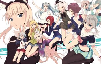 6+girls :d ^_^ ahoge aqua_sailor_collar aqua_skirt arm_up black_pantyhose black_shirt black_skirt black_vest blonde_hair blue_skirt bow bowtie brown_hair character_request chestnut_mouth closed_eyes collared_shirt commentary_request copyright_request crop_top crossover denim denim_shorts green_shirt grey_hair hair_ornament hairclip hatsune_miku hoshii_miki idolmaster idolmaster_(classic) kantai_collection konpaku_youmu long_hair looking_at_viewer love_live! love_live!_school_idol_project microskirt midriff miniskirt multiple_crossover multiple_girls navel nintendo nishikino_maki open_mouth otonokizaka_school_uniform pantyhose parallel_hairclips pink_bow pink_bowtie pleated_skirt pokemon pokemon_bw2 red_hair red_skirt roxie_(pokemon) sailor_collar school_uniform shirt short_hair short_shorts short_sleeves shorts skirt skirt_set smile star_(symbol) touhou v-shaped_eyebrows vest vocaloid white_background white_hair white_sailor_collar yama_no_susume yukimura_aoi yukitake_(bullfalk) yuubari_(kancolle)