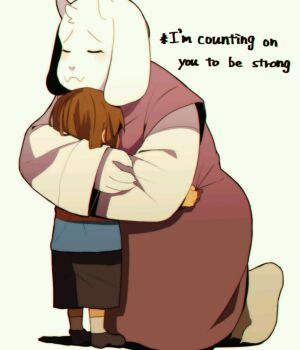 1girl artist_request brown_hair english_text engrish_text frisk_(undertale) furry goat highres hug ranguage short_hair toriel undertale utdr_(toby_fox)