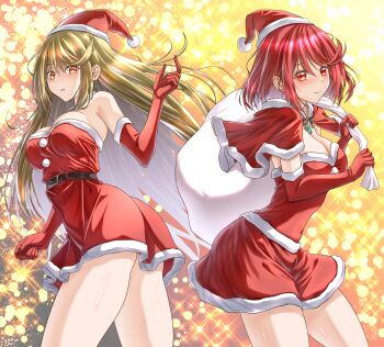 2girls absurdres ass bag bare_shoulders blonde_hair breasts capelet chest_jewel christmas cleavage commentary_request cowboy_shot dress earrings elbow_gloves gloves hat highres holding holding_bag jewelry large_breasts long_hair multiple_girls mythra_(xenoblade) pyra_(xenoblade) red_capelet red_dress red_eyes red_gloves red_hair santa_costume santa_dress santa_hat short_hair strapless strapless_dress wade_(njud8343) xenoblade_chronicles_(series) xenoblade_chronicles_2 yellow_eyes