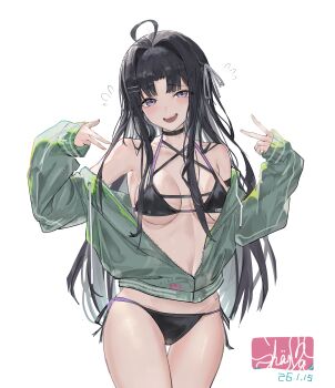 Rule 34 | 1girl, absurdres, ahoge, awa subaru, bikini, black bikini, black coat, black hair, blush, breasts, coat, commentary request, criss-cross halter, dated, flying sweatdrops, girls band cry, green jacket, grey eyes, hair intakes, hair ornament, hairclip, halterneck, highres, jacket, long hair, looking at viewer, medium breasts, off shoulder, open mouth, partially unzipped, shaymas, simple background, solo, swimsuit, teeth, upper teeth only, v, very long hair, w, white background