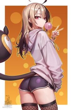 1girl absurdres ahoge ass black_shorts black_thighhighs blowing_bubble_gum bracelet brown_hair chewing_gum commentary dolphin_shorts english_commentary fishnet_thighhighs fishnets from_behind gigi_murin grey_hoodie hair_down hand_up highres hololive hololive_english hood hoodie jewelry long_hair looking_at_viewer multicolored_hair pink_eyes short_shorts shorts solo tail tail_under_clothes thighhighs two-tone_hair unstableboiler v virtual_youtuber