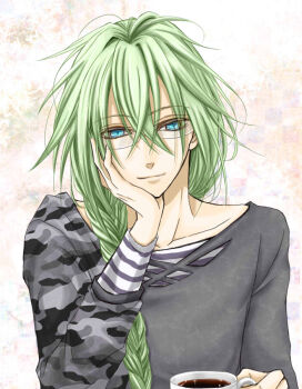 1boy amnesia blue_eyes braid camouflage collarbone cup glasses green_hair long_hair long_sleeves looking_at_viewer male_focus mug smile solo striped ukyou_(amnesia) upper_body yuum