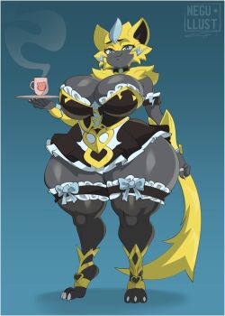 1girl blue_background blue_eyes breasts cleavage female_focus full_body furry furry_female gen_7_pokemon highres holding huge_breasts legendary_pokemon maid mythical_pokemon negullust nintendo plate pokemon shadow smile solo standing thick_thighs thighhighs thighs wide_hips zeraora zettai_ryouiki