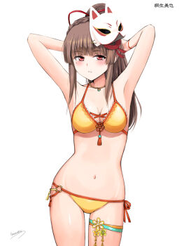 1girl armpits arms_behind_head arms_up bikini blunt_bangs blush braid breasts brown_hair cleavage cowboy_shot crown_braid fox_mask heaven_burns_red jewelry kiryuu_miya long_hair looking_at_viewer mask mask_on_head medium_breasts mole mole_under_eye navel necklace niwatori_kokezou o-ring ponytail red_eyes side-tie_bikini_bottom simple_background solo standing string_bikini swimsuit thigh_strap white_background yellow_bikini