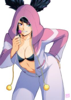 1girl aqua_eyes black_bra black_hair bra breasts candy cleavage commentary_request cowboy_shot finalcake food grin han_juri hand_on_own_hip heterochromia highres leaning_forward lollipop looking_at_viewer medium_breasts multicolored_hair onesie pajamas pink_eyes simple_background smile solo streaked_hair street_fighter street_fighter_6 twintails two-tone_pajamas underwear white_background