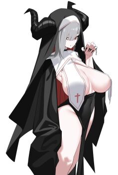 1girl absurdres black_dress black_nails breast_curtains breasts closed_mouth colored_inner_hair commentary dress english_commentary fingernails full_body grey_hair highres large_breasts long_sleeves looking_at_viewer multicolored_hair nail_polish nun original pelvic_curtain plentyofempty red_hair revealing_clothes sharp_fingernails simple_background solo standing thighs two-tone_hair white_background