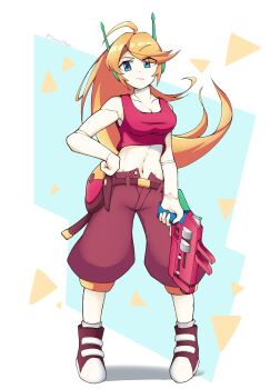 1girl ahoge android baggy_pants bare_shoulders belt blonde_hair blue_eyes breasts brown_belt brown_shoes cleavage closed_mouth colored_skin crop_top curly_brace doukutsu_monogatari full_body gun hand_on_own_hip highres holding holding_gun holding_weapon humanoid_robot joints long_hair looking_at_viewer medium_breasts midriff navel open_fly pants raised_eyebrow red_pants red_tank_top robot robot_ears robot_girl robot_joints shoes simple_background skin_seams solo standing surrealmason swept_bangs tank_top triangle_background weapon white_skin