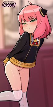 1girl anya_(spy_x_family) arms_behind_back artist_name black_dress blurry blurry_background blush bottomless closed_mouth depth_of_field dress green_eyes hair_ornament highres indoors loli long_sleeves loodncrood looking_at_viewer naughty_face no_panties pink_hair pussy school_uniform short_dress smile solo spy_x_family standing standing_on_one_leg thighhighs uncensored undersized_clothes white_thighhighs