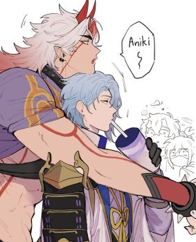 1girl 3boys abs arataki_itto armor black_choker black_gloves blue_hair bodypaint bracelet chest_harness chin_rest choker closed_mouth commentary_request crop_top cup drinking_straw drinking_straw_in_mouth earrings facepaint fang genshin_impact gloves gold_trim gradient_hair hand_up harness head_on_head head_rest highres holding holding_cup horns jacket japanese_armor japanese_clothes jewelry kamisato_ayato kimono kuki_shinobu lapels long_hair long_sleeves looking_ahead male_focus multicolored_hair multiple_boys muscular muscular_male oni open_clothes open_jacket open_mouth parted_bangs pointy_ears profile purple_eyes purple_kimono purple_shirt red_eyes red_hair red_horns rope shirt short_hair short_sleeves shoulder_armor simple_background singtou sode speech_bubble spiked_bracelet spiked_choker spikes tassel thai_commentary thoma_(genshin_impact) upper_body white_background white_hair white_jacket wide_sleeves