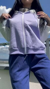 1girl animated atomicbrunette18 black_hair breasts clothes_lift cosplay female_focus fishnet_top fishnets head_out_of_frame highres hyuuga_hinata hyuuga_hinata_(cosplay) konohagakure_symbol long_hair medium_breasts naruto_(series) naruto_shippuuden nipples open_clothes outdoors real_life shirt_lift solo tagme video