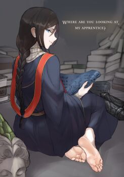 1girl barefoot black_hair blue_eyes book book_stack braid braided_ponytail closed_mouth elden_ring english_text feet female_focus foot_focus from_behind full_body hair_tie highres holding holding_scroll long_hair looking_at_viewer looking_back robe scathegrapes scroll sidelocks sideways_glance single_braid sitting smile soles sorceress_sellen toenails toes wariza
