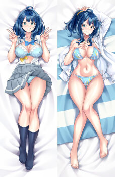 1girl ahoge barefoot beach_towel bikini black_socks blue_bikini blue_bow blue_bowtie blue_bra blue_eyes blue_hair blue_panties bow bowtie bra breasts closed_mouth clothes_lift commentary_request cuddly_octopus dakimakura_(medium) double_v full_body grey_skirt grin hand_on_own_chest highres jacket large_breasts looking_at_viewer lying make_heroine_ga_oo_sugiru! medium_hair multiple_views navel on_back open_clothes open_jacket open_shirt panties pleated_skirt school_uniform shirt side-tie_bikini_bottom skirt skirt_lift smile socks suzu_miya swimsuit towel tsuwabuki_high_school_uniform underwear v white_jacket white_shirt yanami_anna yellow_bow yellow_bowtie