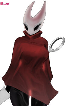 1girl arm_behind_back artist_name breasts cloak cowboy_shot high_collar highres holding holding_weapon hollow_knight hollow_knight:_silksong hornet_(hollow_knight) large_breasts nyuunzi red_cloak simple_background solo standing weapon white_background
