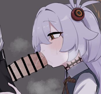 1boy 1girl black_choker blue_archive bow bowtie brown_eyes brown_halo choker diagonal-striped_bow diagonal-striped_bowtie diagonal-striped_clothes dress fami_miminmin fellatio grey_hair hair_between_eyes halo highres kanoe_(blue_archive) loli long_hair looking_to_the_side multicolored_eyes oral penis pinafore_dress saliva short_twintails simple_background sleeveless sleeveless_dress steam striped_bow striped_bowtie striped_clothes twintails two-tone_eyes upper_body veins