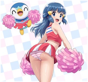 1girl absurdres ass bare_shoulders blue_eyes blue_hair blush breasts cheerleader closed_eyes commentary_request crop_top dawn_(pokemon) gen_4_pokemon hair_ornament hairclip highres holding holding_pom_poms long_hair looking_at_viewer medium_breasts midriff navel nintendo official_alternate_costume open_mouth panties piplup pokemoa pokemon pokemon_(anime) pokemon_(creature) pokemon_the_series:_diamond_and_pearl pom_pom_(cheerleading) pom_poms shoes skirt sleeveless smile socks striped_clothes striped_panties teeth underwear upper_teeth_only white_socks