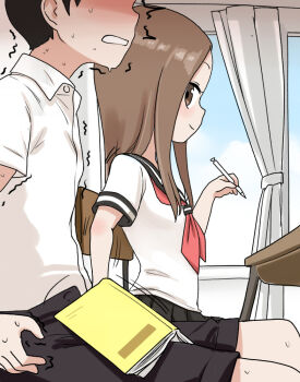 1boy 1girl assertive_female black_hair blush book book_on_lap brown_hair classroom clenched_teeth handjob hetero implied_handjob indoors karakai_jouzu_no_takagi-san kodomo_doushi loli long_hair looking_at_another looking_to_the_side nishikata note2000 public_indecency school_uniform serafuku short_hair shota sitting stealth_handjob stealth_sex sweat takagi-san teasing teeth trembling